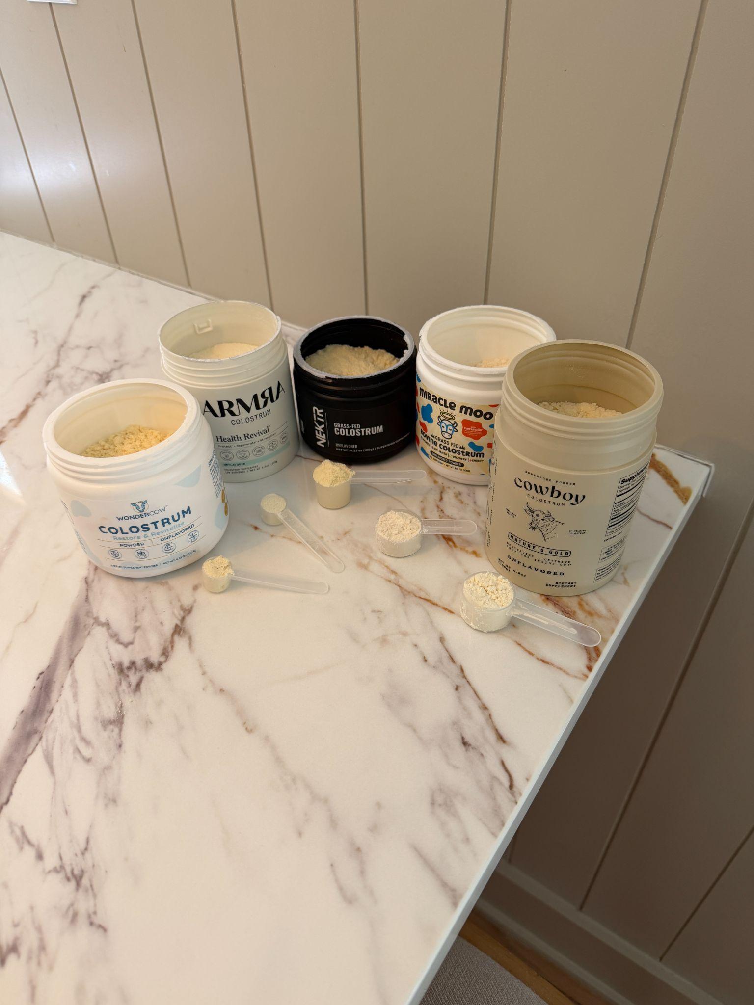 The bovine colostrum supplements compared in this guide, side by side: NEKTR, ARMRA, Cowboy, Wonder Cow and Miracle Moo
