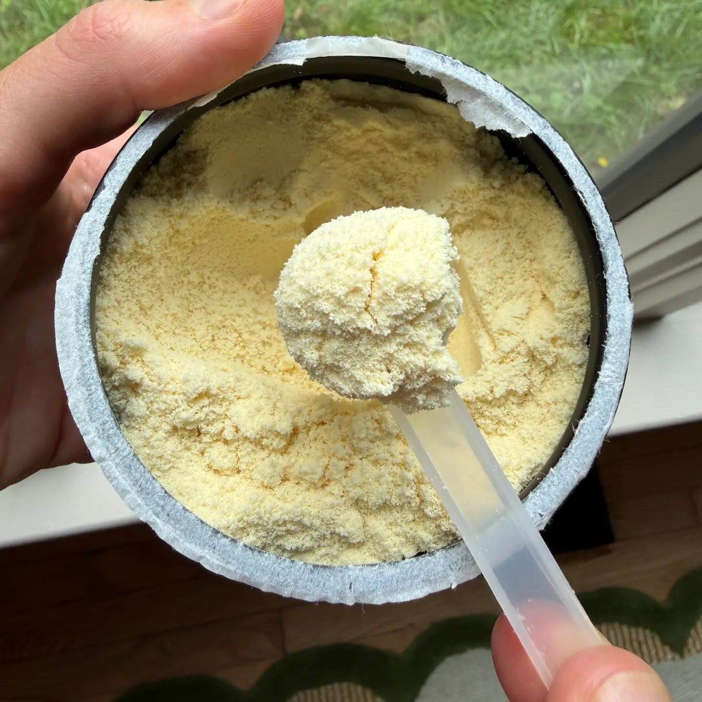Whole bovine colostrum powder in a ceramic bowl with a wooden scoop
